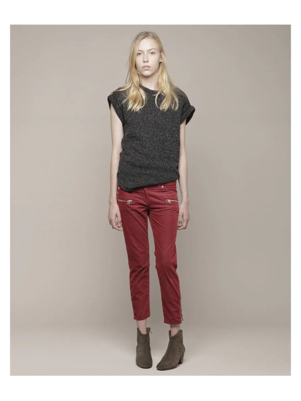 ISABEL MARANT ETOILE Ivo skinny zipper cords CORDUROY CROP PANTS Red 42
